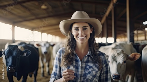 Beautiful young woman wearing a cowboy hat and plaid shirt with a tablet PC smiles at the camera. Standing next to a cow in a cow farm photo