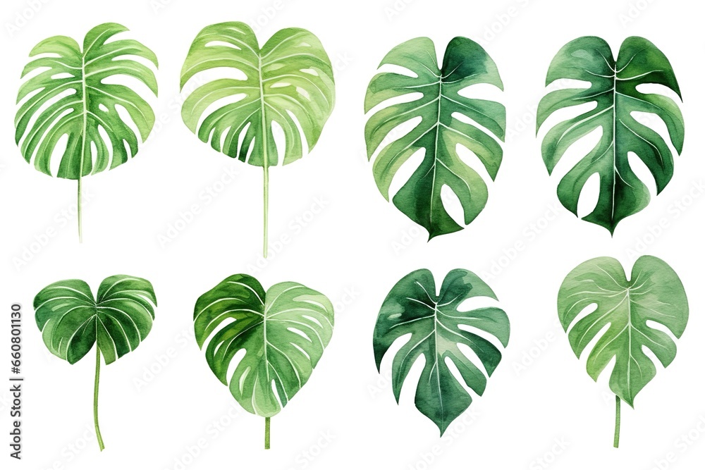watercolor handdrawn abstract floral pattern template green background, exotic tropical wall with green monstera palm leaves on white. - obrazy, fototapety, plakaty 