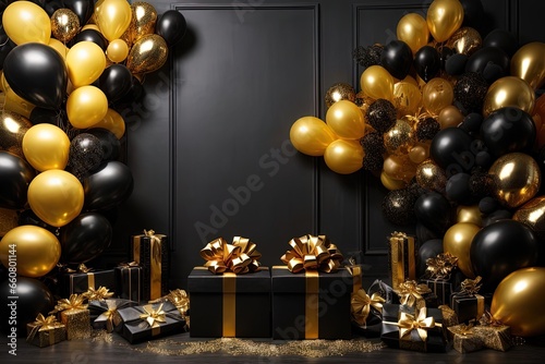 balloons and presents are on a table in front of a black wall