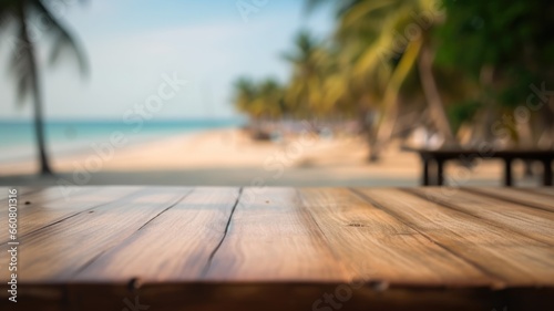 The empty wooden table top with blur background of Thailand beach. Exuberant image. generative AI