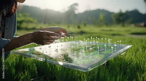 Woman using transparent tablet with floating icons to control rice production