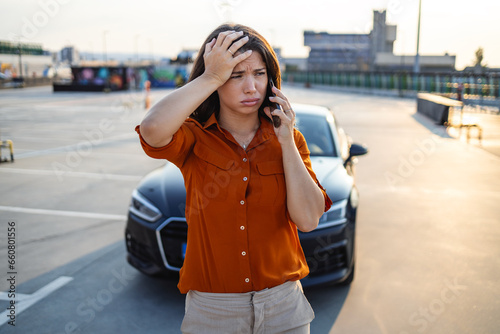 Nervous young woman standing by open car hood and calling to auto service, got broken at highway on a way to countryside. Female drive having phone conversation with friends, asking for help with auto