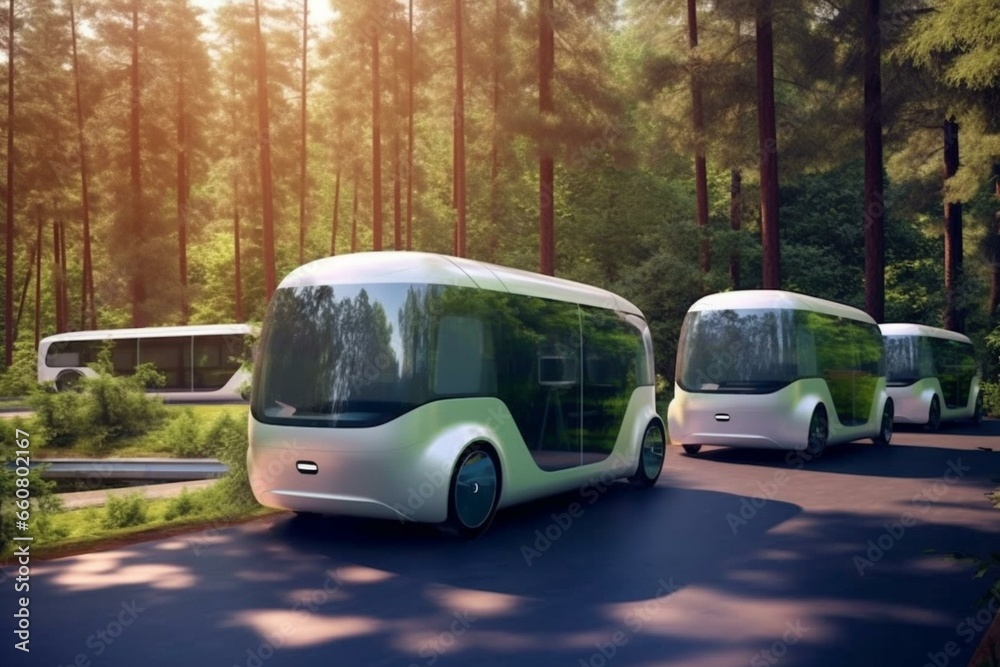 Latest environmentally-friendly vehicles parked amidst natural scenery with electric charging. Generative AI