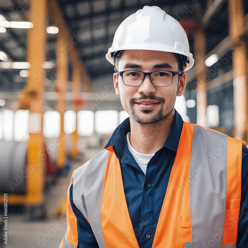 Retrato de un ingeniero con casco blanco y chaleco naranja en una fabrica. concepto industrial, A.I
