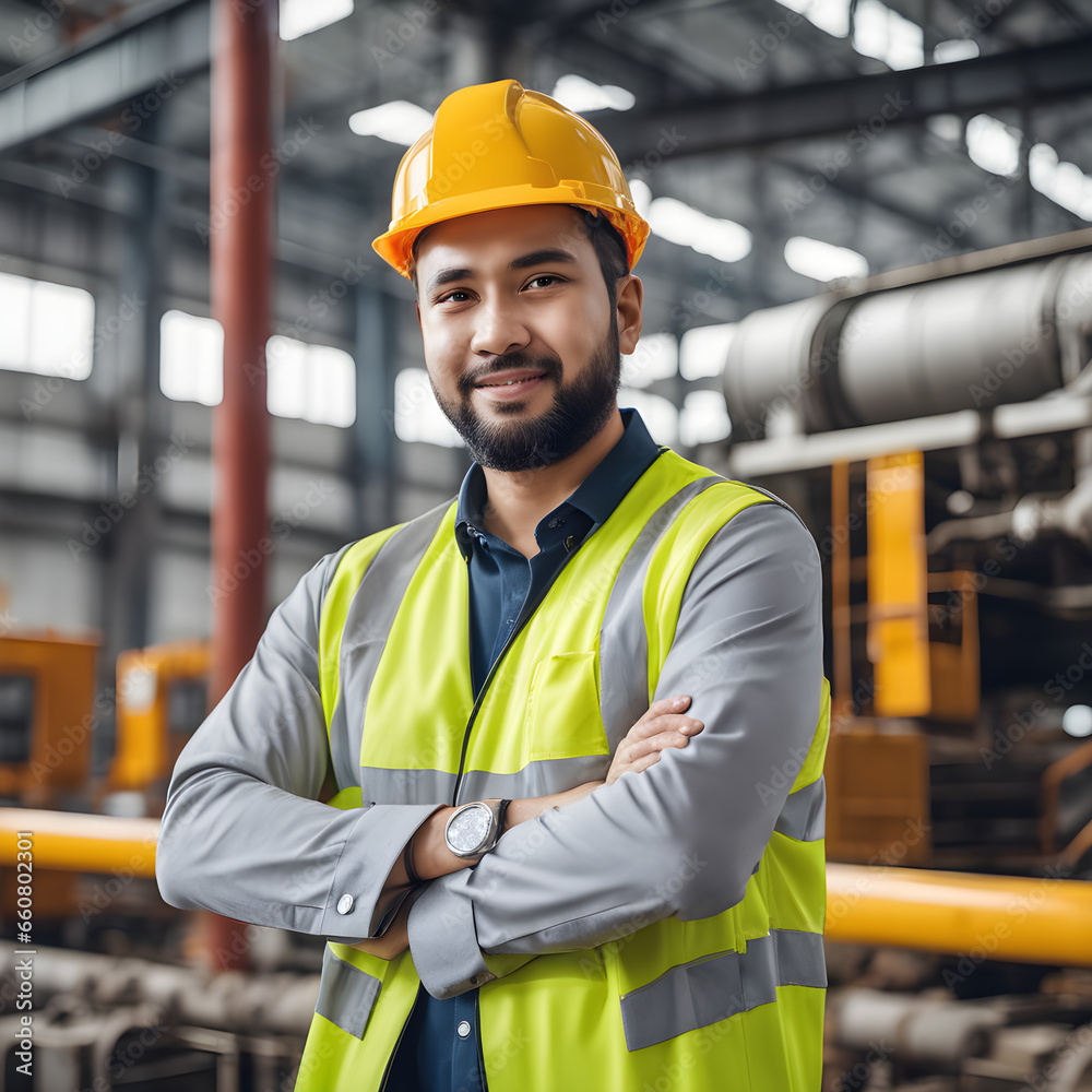 Ingeniero de brazos cruzados de mantenimiento en una fabrica con casco ...