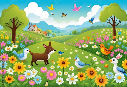 A cartoon illustration of a flower meadow in spring with cute animals and birds