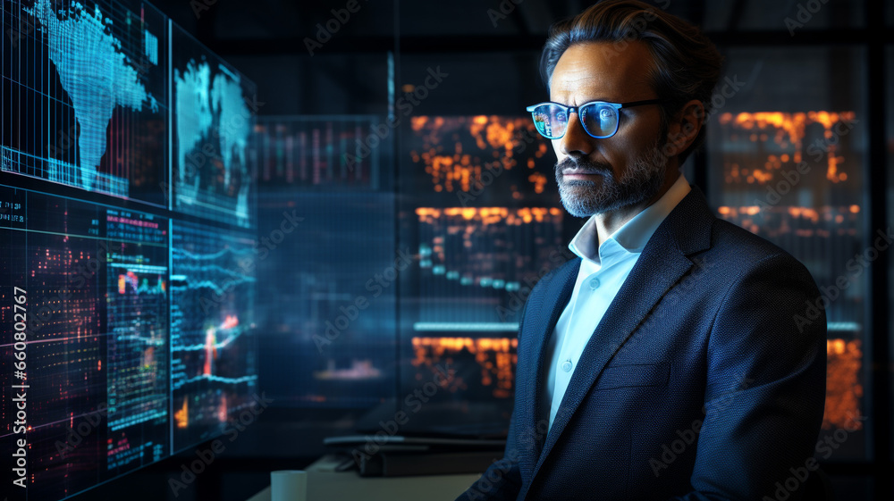 Businessman using ai technology for data analytics or for tranding stock and currency in market exchange Businessman using ai technology for data analytics or for tranding stock and currency in market exchange