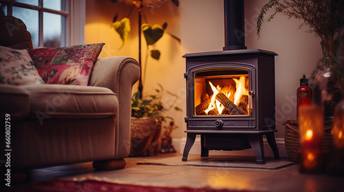 暖炉のある冬の家でリラックス Relax with stove fireplace in winter house photo