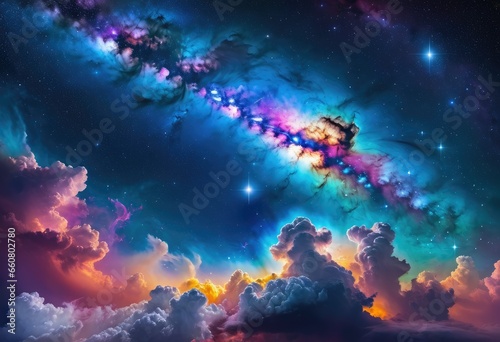A colorful space galaxy cloud nebula with stars and moons in the foreground. The nebula has a rainbow-like spectrum and a smooth texture