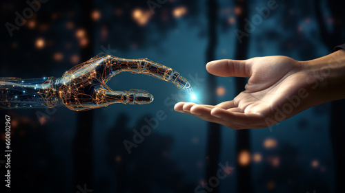 hand of human and robot or artificial Intelligence connecting data information , machine learning technology photo