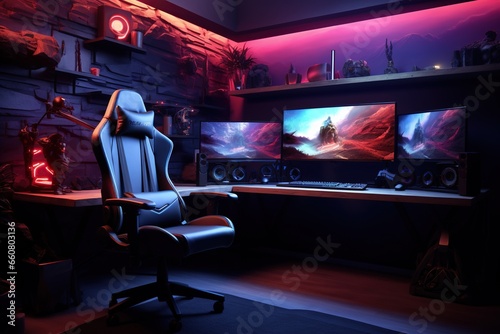 3D rendering of the interior of a room with a gaming chair