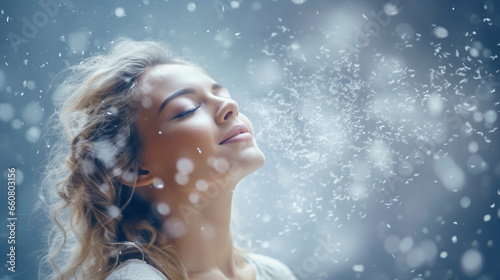 雪降るダイアモンドダストを感じる女性　Portrait of a girl feeling winter snow diamond dust
