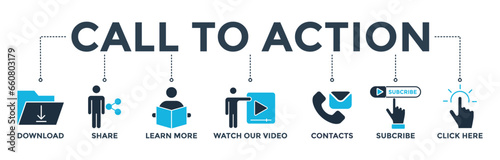 Call to action banner web icon vector illustration concept with icon of download, share, learn more, watch our video, contact us, subscribe, and click here