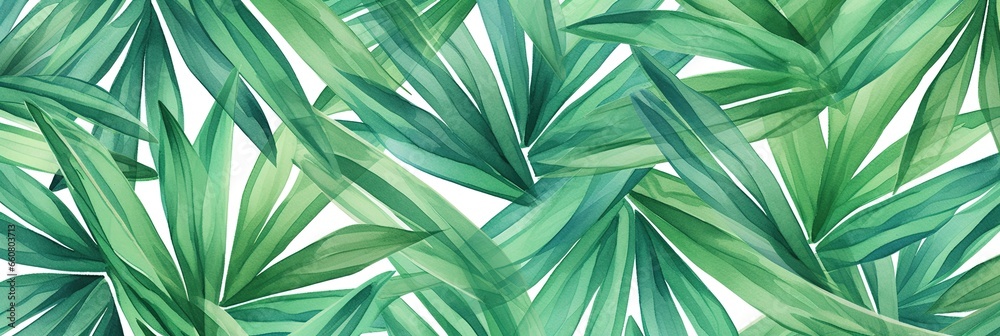 banner watercolor vertical abstract floral pattern template green background, exotic tropical wall with green palm and banana leaves..