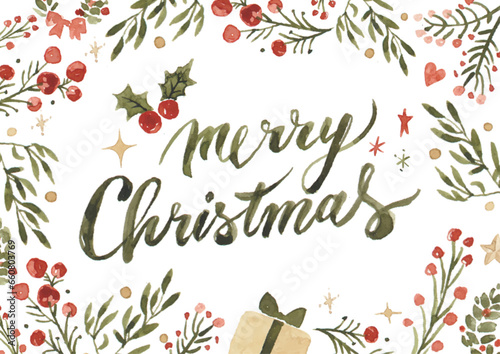 Hand-drawn watercolor Christmas season greetings card with botanical frame 