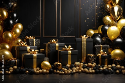 a black and gold balloons and presents in a room