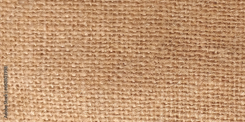 Rural texture of sackcloth. Background of very coarse  rough fabric woven made of flax  jute or hemp. Burlap bag material. Design element. Sacking and bagging pattern. Top view. Hessian texture