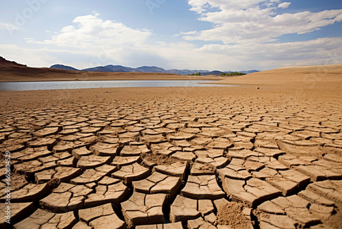 Earth with dried up lake and cracked earth. Global warming and water scarcity concept.