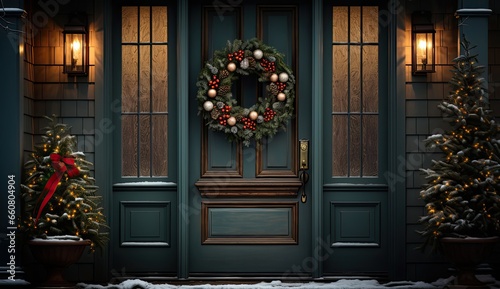 christmas wreath on the door of the house