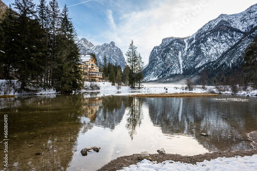 Lake Dobbiaco. Treasure chest among the Dolomites. Winter atmosphere. © Nicola Simeoni