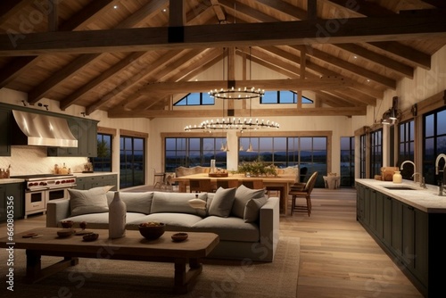 Elegant farmhouse style with illuminated modern interior featuring wooden beam ceiling. Generative AI © Michael