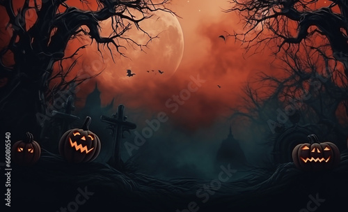 A spooky forest with a haunted evil glowing eyes of Jack O' Lanterns on the sides of a wooden deck on a scary halloween night. Halloween night scene background with forest and bats at night.