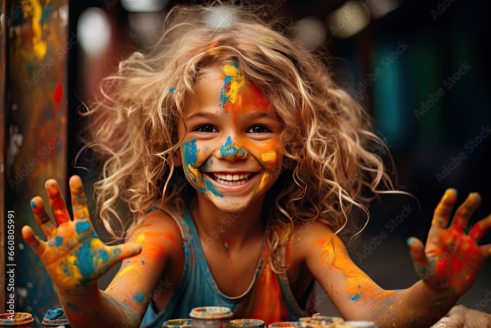Little girl with painted hands with big smile making faces - obrazy, fototapety, plakaty 