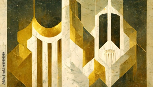 symmetrical bioshock composition with big daddy and a little sister in the center art deco gold white marble  photo