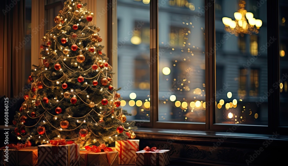 christmas tree in front of the window