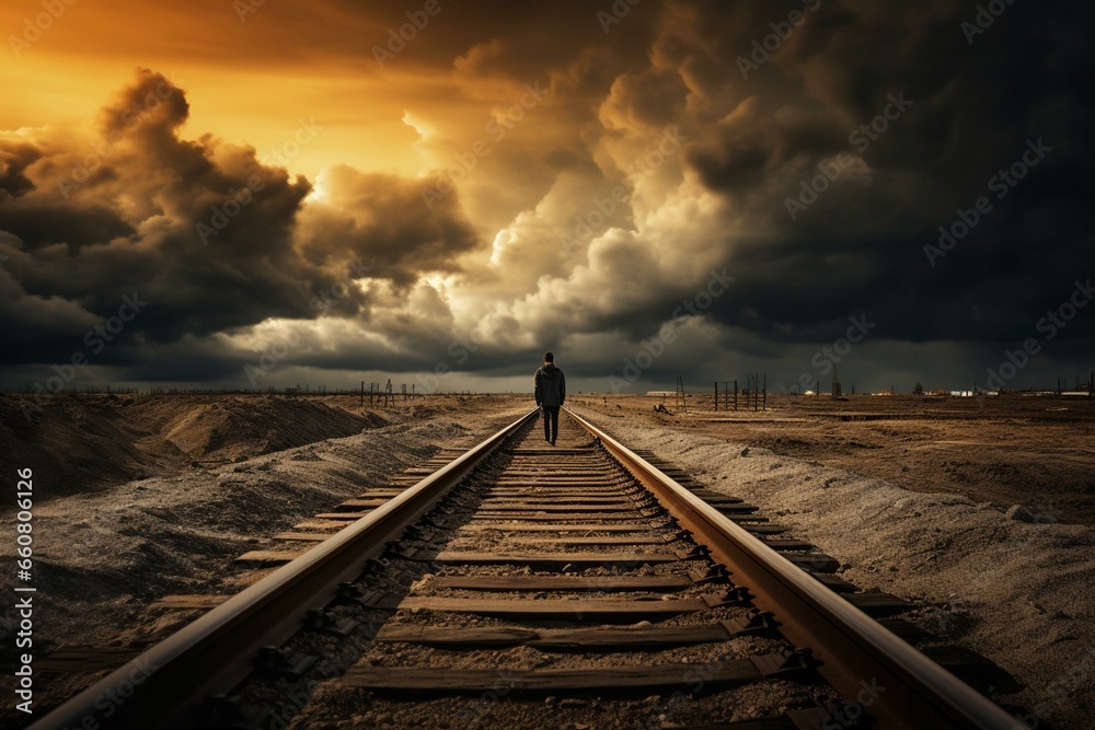 An endless railway disappears under a somber sky with thunderclouds in the distance while a solitary figure stands at the far end. Generative AI