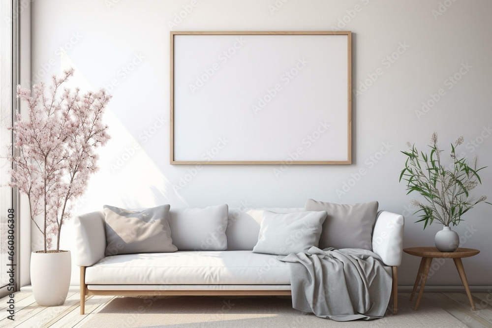 3D render of a frame mockup in a fresh living room with a spring ambiance. Generative AI - obrazy, fototapety, plakaty 