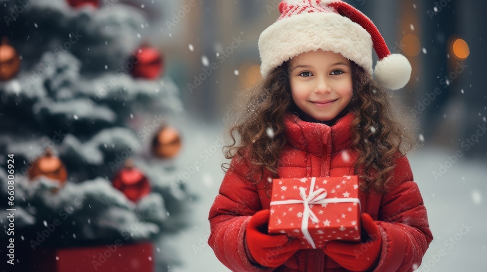 Pretty smiling girl child in red jacket and hat holding Christmas gifts while standing against background of decorated Christmas tree outdoors on snowy day of winter holidays Pretty smiling girl child in red jacket and hat holding Christmas gifts while standing against background of decorated Christmas tree outdoors on snowy day of winter holidays