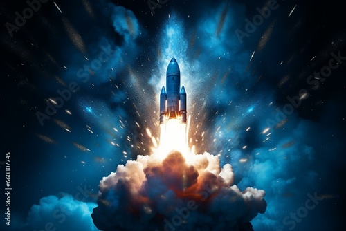 an explosive rocket emerging from a digital screen against a vibrant blue backdrop. Generative AI