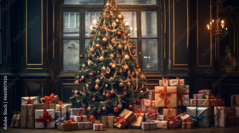 Interior of a living room in a house with a large Christmas tree and a bunch of gifts for the New Year.