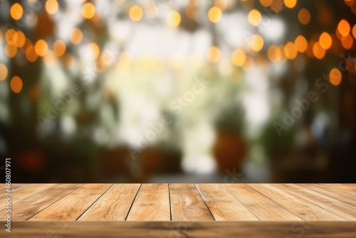 The empty wooden table top with blur background. Exuberant image. generative ai