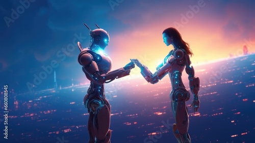 Couple of man and robot girl holding each other's hands on space sky background, imagination of love passion fantasy between human and AI. Generative AI image weber. © Summit Art Creations