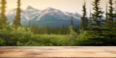 The empty wooden table top with blur background of Alaska nature. Exuberant image. generative ai