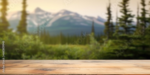 The empty wooden table top with blur background of Alaska nature. Exuberant image. generative ai © Summit Art Creations