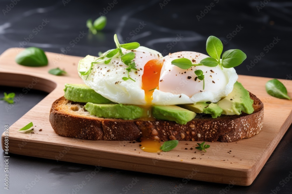 Healthy breakfast whole wheat toasted bread with avocado and poached egg. Healthy breakfast whole wheat toasted bread with avocado and poached egg.