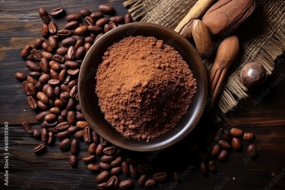Cocoa powder on roasted cocoa chocolate beans backgroun. Cocoa powder on roasted cocoa chocolate beans backgroun.