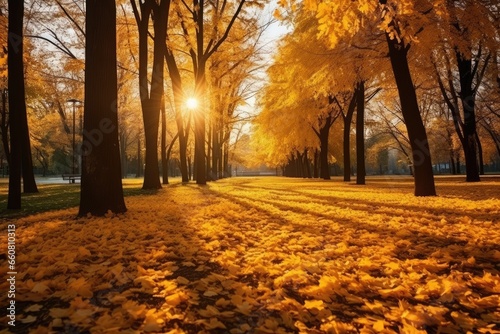 Autumn landscape, beautiful city park with fallen yellow leaves. © kardaska