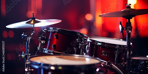 Close up of a modern drum set on stage for concert