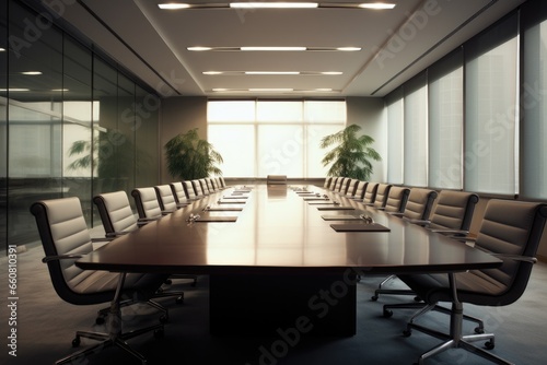 Front view of empty modern conference room with office table and chairs. © kardaska