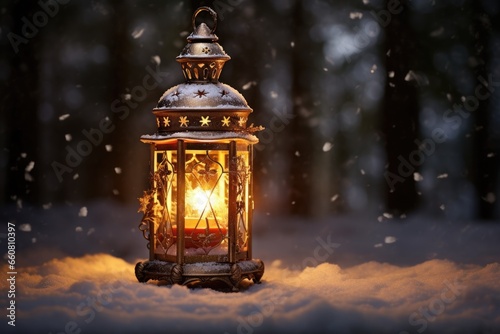 Burning vintage lantern in winter night forest. © kardaska