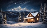 Starry winter night with Christmas trees and cabin