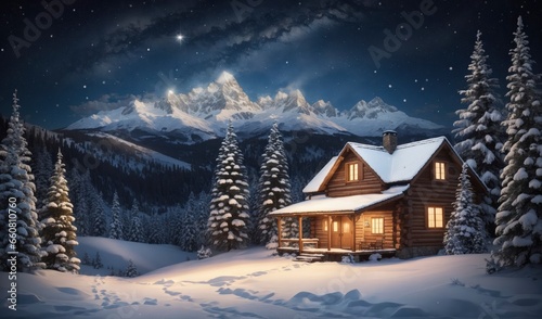 Starry winter night with Christmas trees and cabin © Hashim
