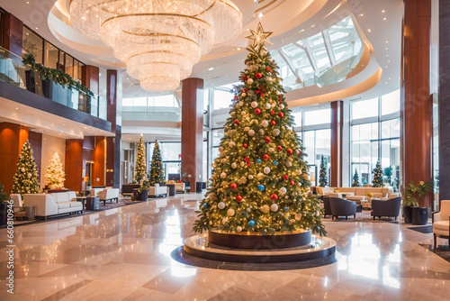 Christmas tree in a luxury hotel or corporation hall photo