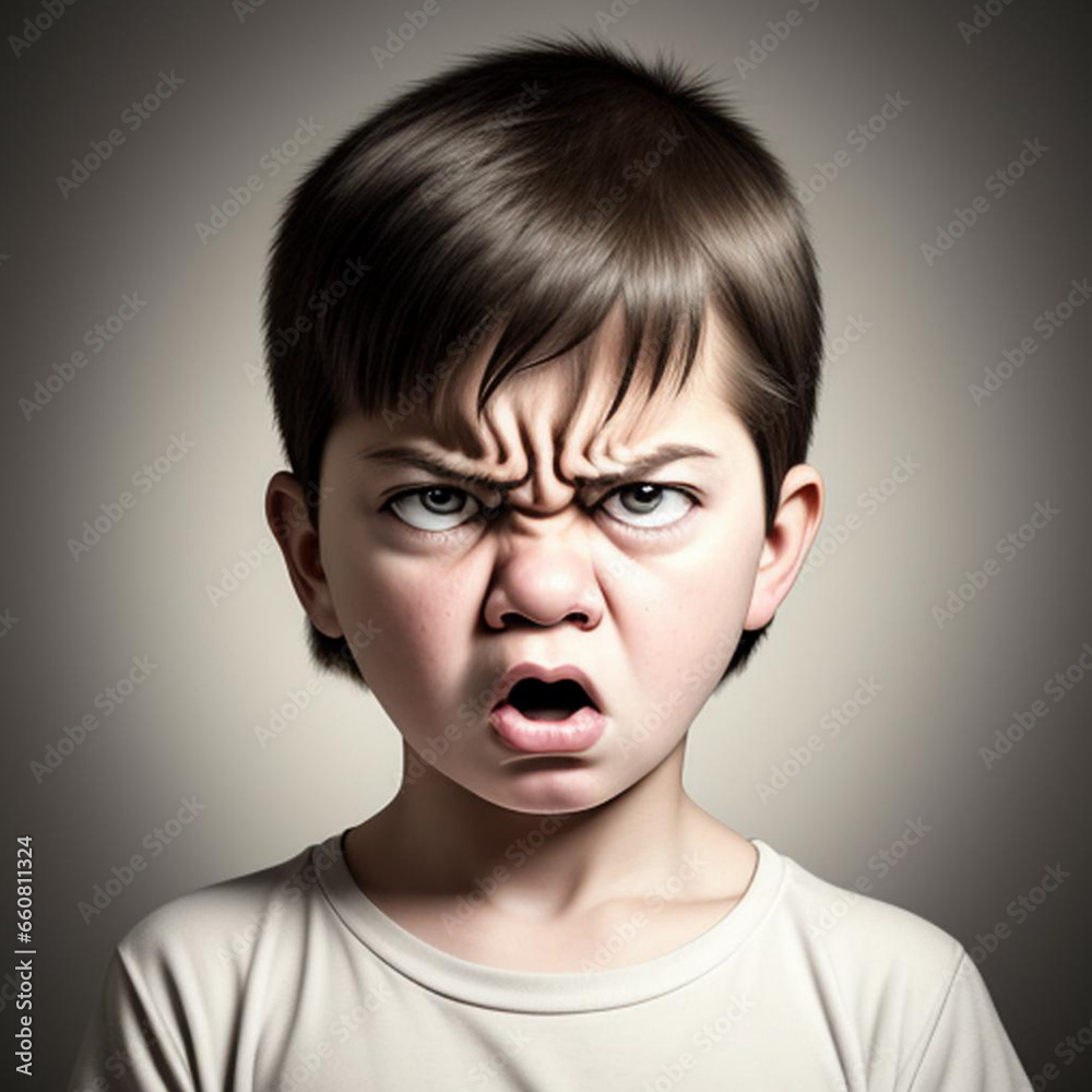 Portrait of an angry annoyed child. Generative AI Portrait of an angry annoyed child. Generative AI
