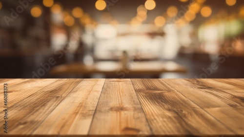 The empty wooden table top with blur background of cafe. Exuberant image. generative ai