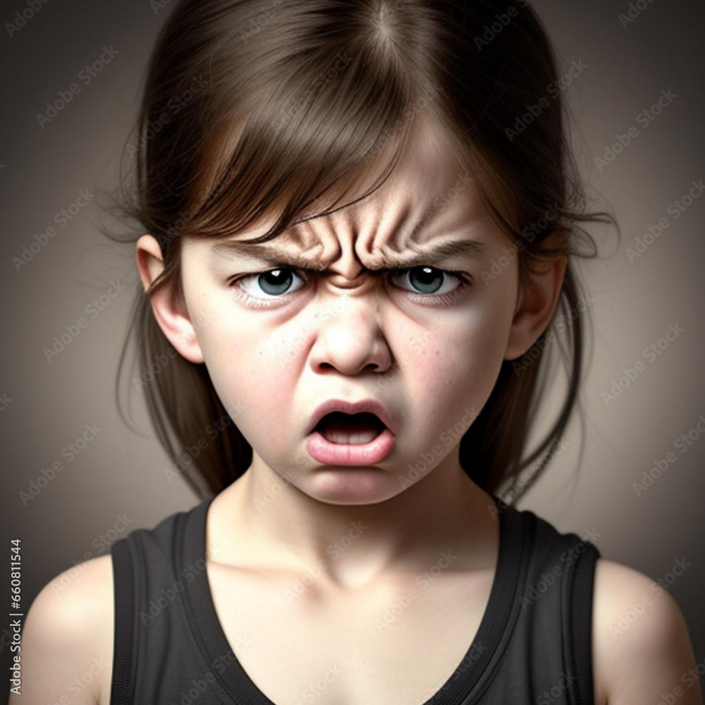 Portrait of an angry annoyed child. Generative AI Portrait of an angry annoyed child. Generative AI